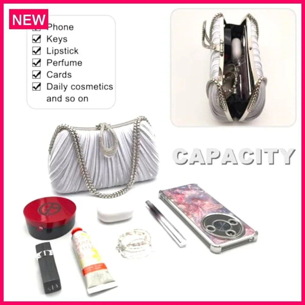 Satin Evening Clutch with Detachable Chain, Formal Wedding Party Bag